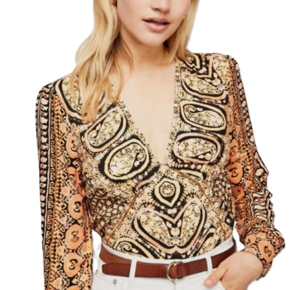 Free People Tops - Free People Wild and Free Blouse M Paisley Boho Wrap V Neck Long Sleeve Top